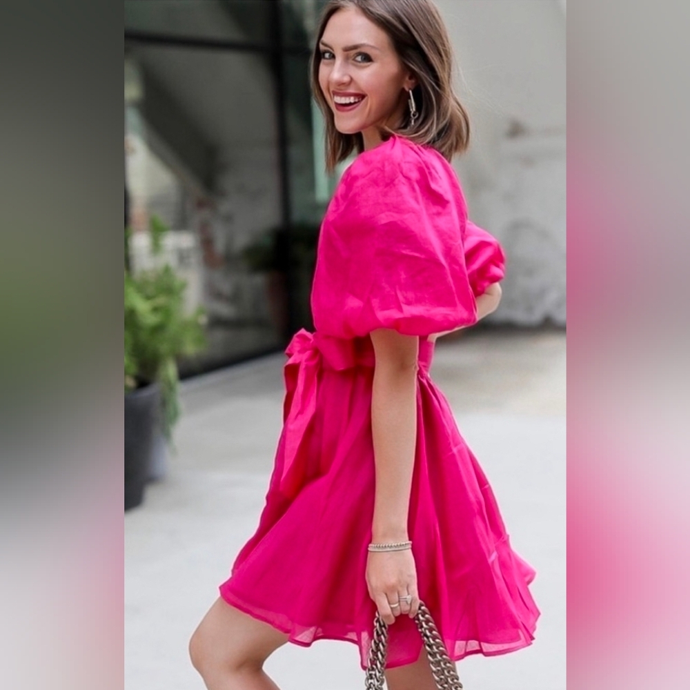 BANANA REPUBLIC PUFF SLEEVE HOT PINK RAMIE DRESS NWT